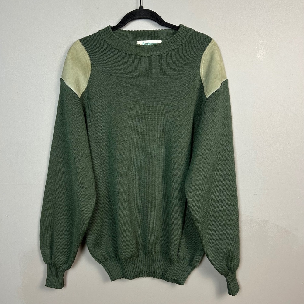 Barbour Wool Sweater Men's XL 42 Green Elbow Patch VTG Crew Preppy Town Country